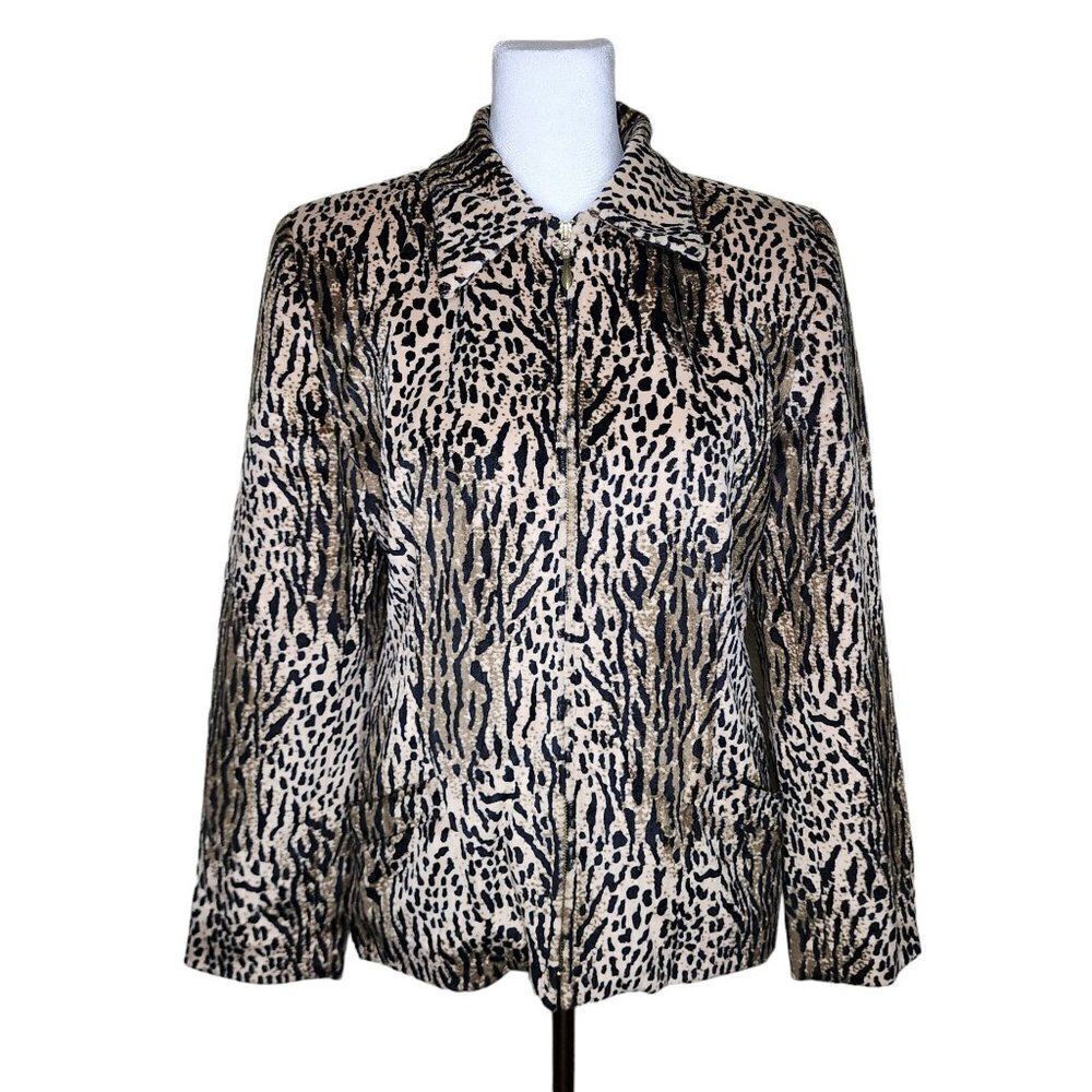 Vintage 90s Zip Front Womens Jacket Size S Brown Black Leopard Print